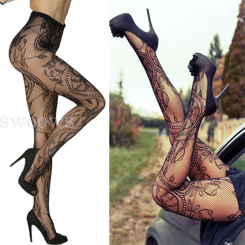 Sexy Pantyhose Stockings Fishnet Floral Lace Pattern Fashion Tights Black