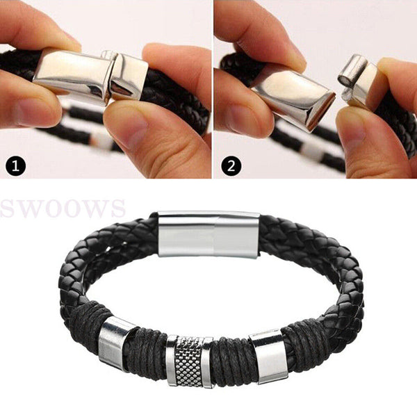 Men's Stainless Steel Magnetic Buckle Bracelet Bangle Cuff Leather Braided