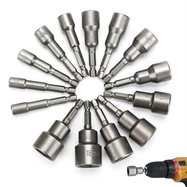 14 Size Socket Magnetic Nut Driver Set Drill Bit Adapter 1/4'' Hex Shank 6-19MM