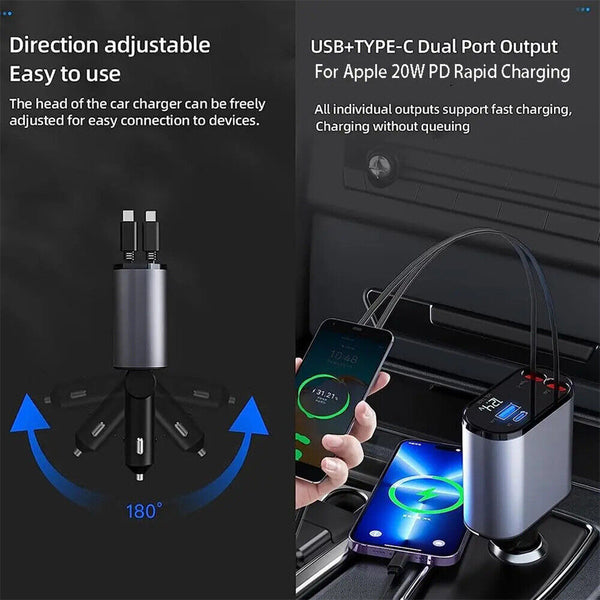 USB Car Charger 4 in 1 Car Charger Adapter Fast Charging with Dual Retractable C