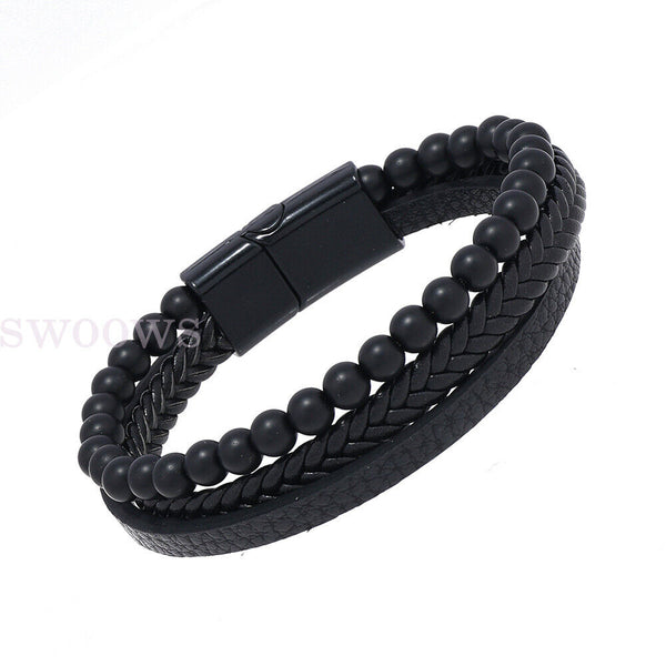 Mens Leather Braided Surfer Wristband Bracelet Tiger Eyes Beaded Bangle Gifts