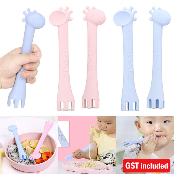 2 In 1 Safety Tableware Feeding Spoon Fork Giraffe Silicone Baby Spoon Cartoon
