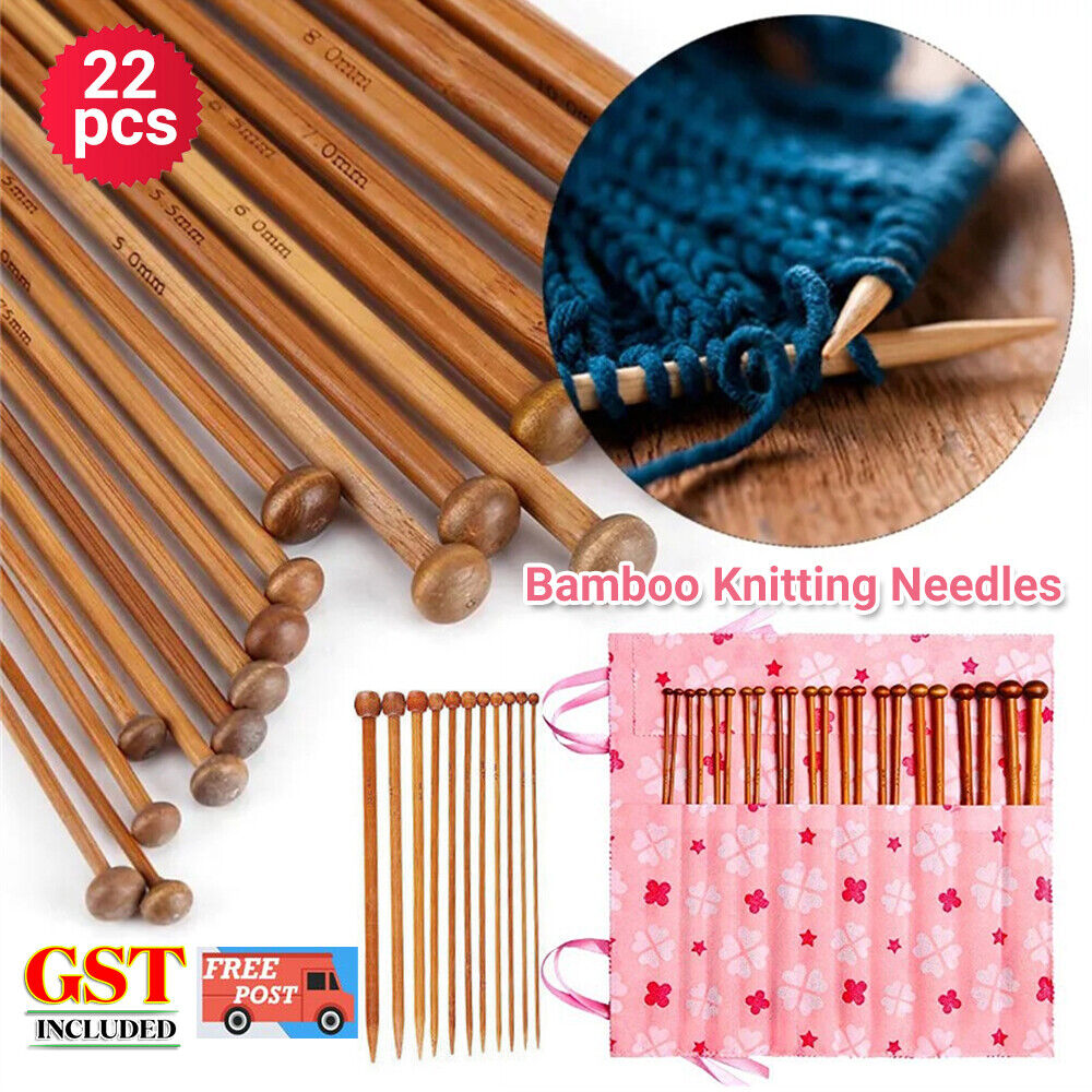 22pcs 25cm Bamboo Knitting Needles Set in Knitting Needle 11Sizes For Crochet AU