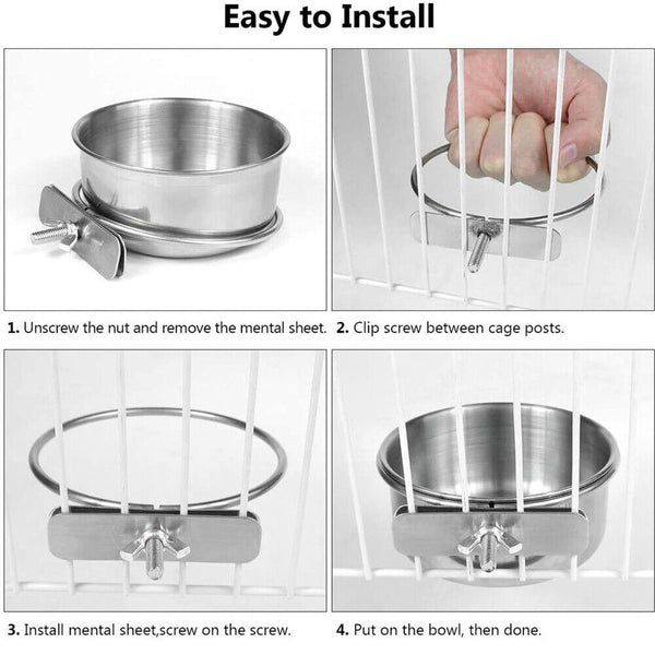 1-3 10/12/14cm Parrot Pet Stainless Steel Food Water Bowl Bird Feeder Crate Cage