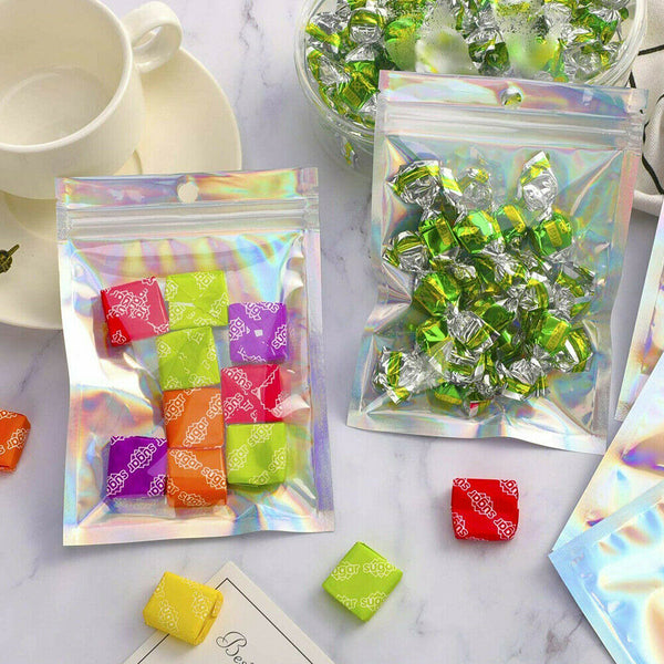 50-200 Food Storage Pouch Holographic Resealable Mylar Ziplock Aluminum Foil Bag