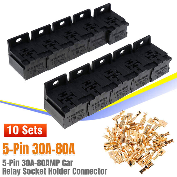 10 Sets 5-Pin 30A-80AMP Car Relay Socket Holder Connector 6.3mm Terminals AU