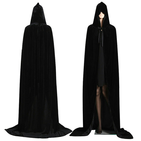 Adult Black Hooded Cape Robe Cloak Vampire Halloween Cosplay Costume Party S-XL