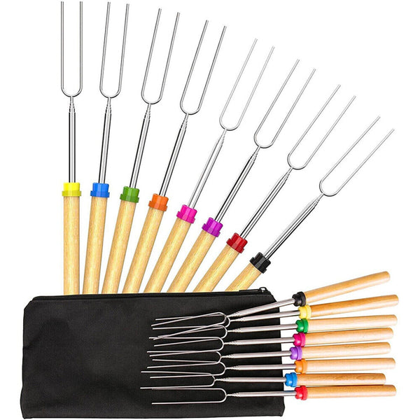 8x 32''Telescoping BBQ Marshmallow Roasting Sticks barbecue Skewers Hot Dog Fork