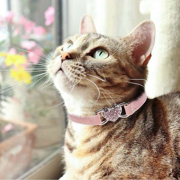 Suede Collar Cat Kitten Dog Puppy Pet Safety Release Adjustable Heart Bling Pink