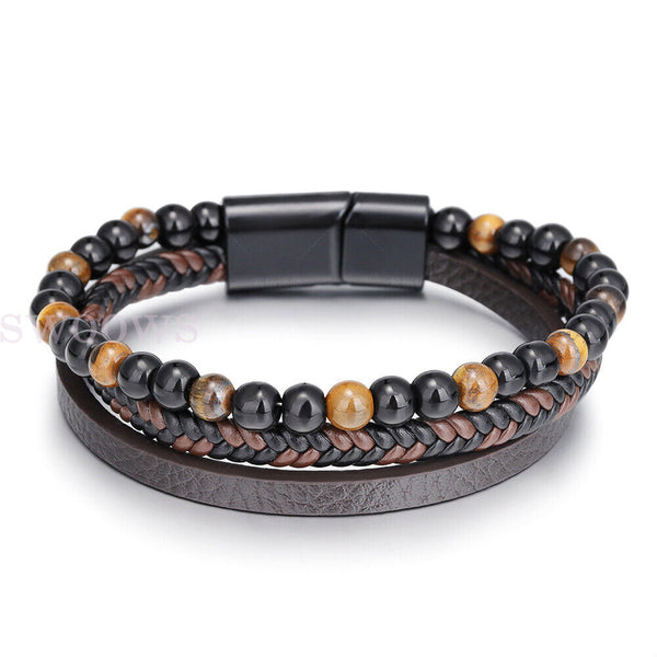 Mens Leather Braided Surfer Wristband Bracelet Tiger Eyes Beaded Bangle Gifts