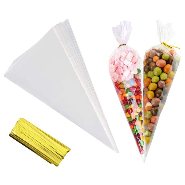 Clear cellophane cello cone sweet bags large candy kid party favour gift Ties