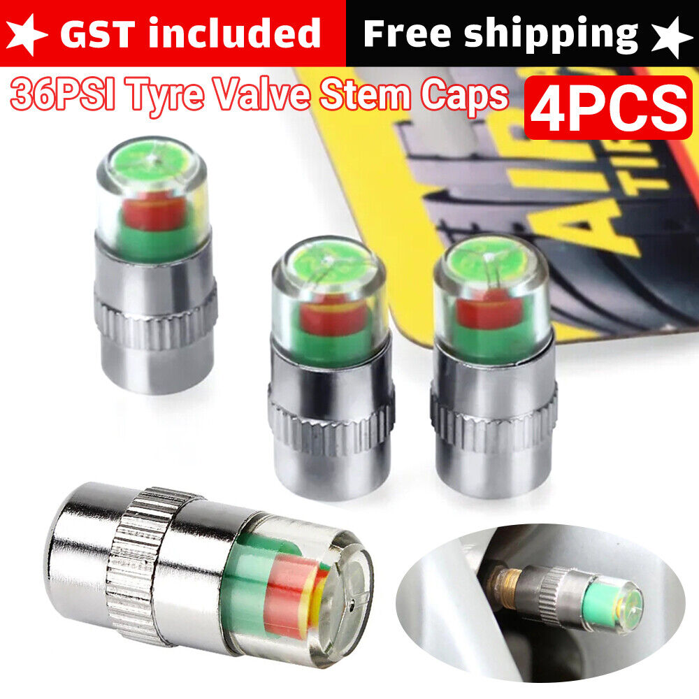 4x Car Tyre Valve Stem Caps with Pressure Indicator Monitor Sensor bike - 36PSI