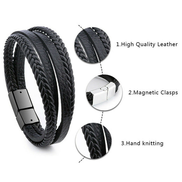 Mens Genuine Leather Bracelet Wristband Stainless Steel Braided Punk Cuff Wrap