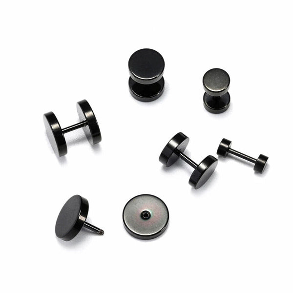 Pair Flat Round Barbell Plug Stud Earrings Mens Stainless Steel Gym Black 3-14mm