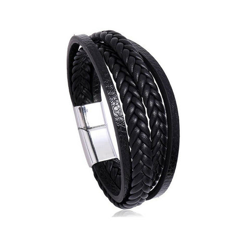 Mens Genuine Leather Bracelet Wristband Stainless Steel Braided Punk Cuff Wrap