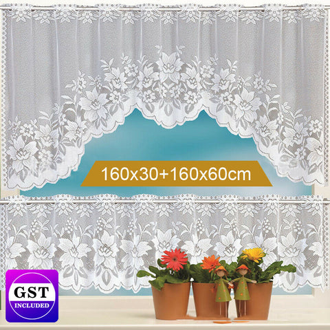 2PCS/Set White Lace Kitchen Home Window Cafe Curtain w Scallope Edge 160cm Wide