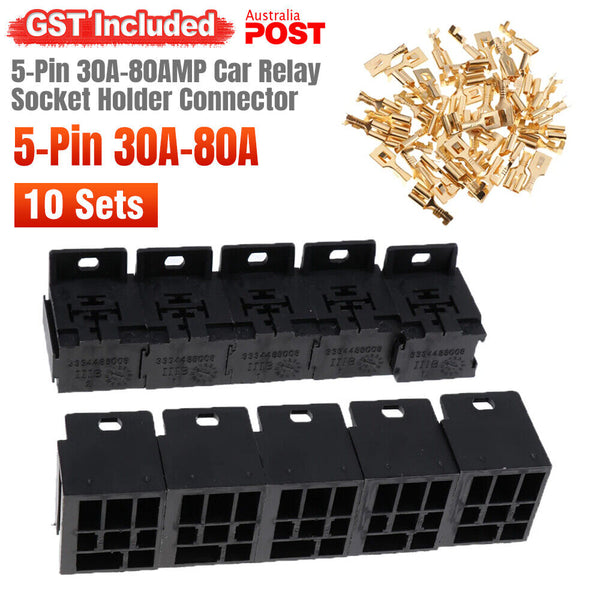10 Sets 5-Pin 30A-80AMP Car Relay Socket Holder Connector 6.3mm Terminals AU