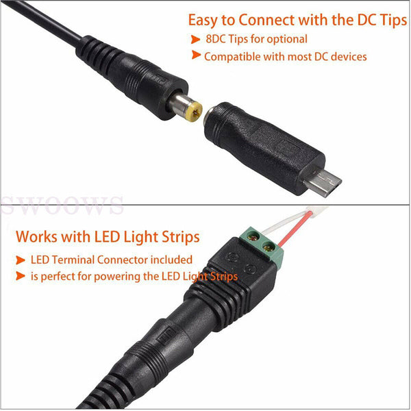 19Tips Universal USB to DC Power Adapter Cable Charger 5.5 mm/2.1 mm Barrel Jack