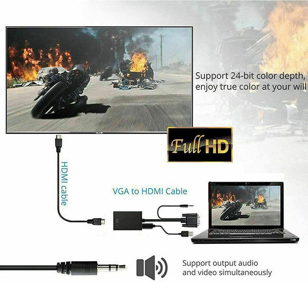 VGA Male to HDMI Female Converter Adapter 1080P Stereo Audio Output New