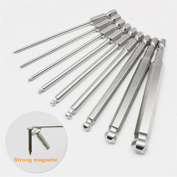 9pcs 1/4 inch Hex Shank Ball End Allen Wrench Drill Bits Set 100mm Metric Long