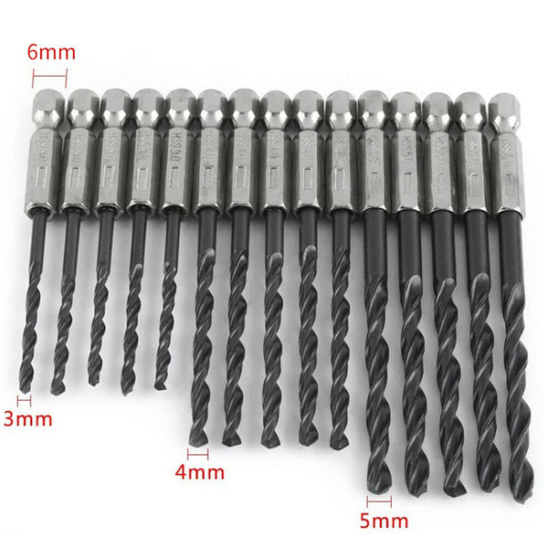 15pcs HSS Nitride Twist Drill Bits Set Quick Change 1/4" Hex Shank 3mm 4mm 5mm