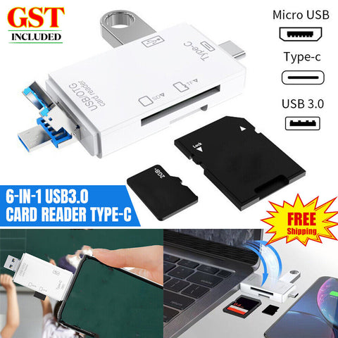 6 IN 1 USB Type C Micro SD TF Memory Phone Card Reader OTG Adapter White