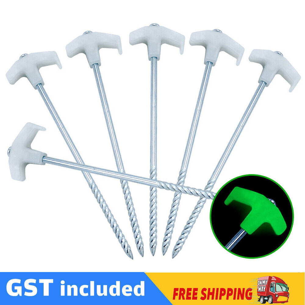 15x Heavy Duty Steel Screw / Drill Camping Tent Pegs with Glow in The Dark Head