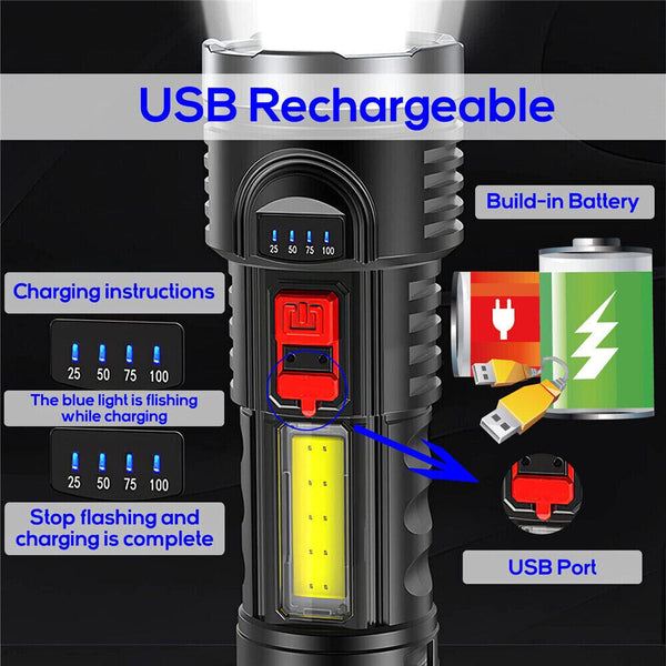 12000000LM LED Flashlight Super Bright Torch Camp Lamp 4 Modes USB Rechargeable