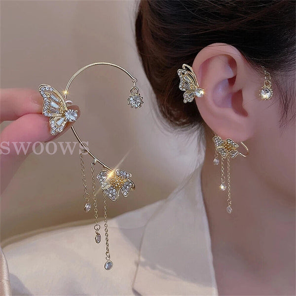 Zircon Butterfly Tassel Ear Cuff Clip Non Piercing Ear Clip Wrap Ladies Earrings