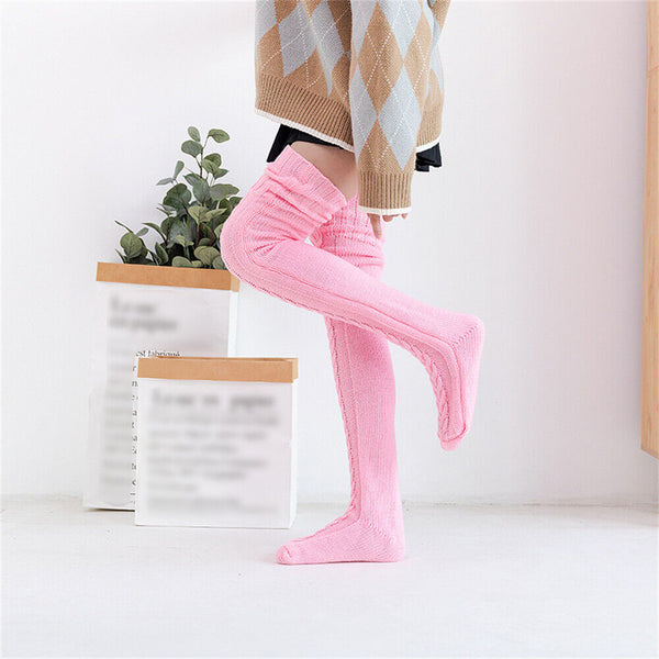 1/2 Women Thigh High Socks Extra Long Woolen Knit Warm Thick Tall Long Stockings