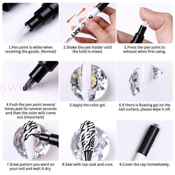 10x Nail Art Graffiti Pens Waterproof Drawing Painting Liner Brush Manicure