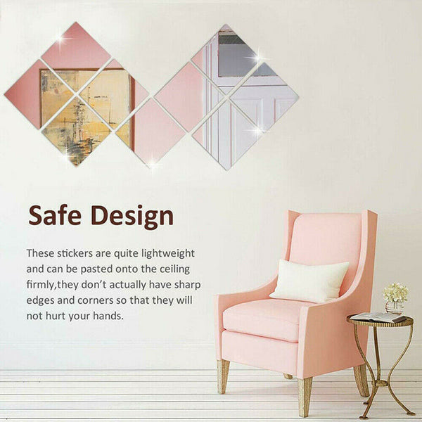 32x Self Adhesive Mirror Wall Sticker Reflective DIY Tile Wall Mirror Film