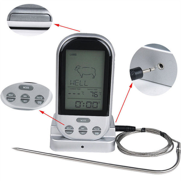 Food Meat Oven BBQ Thermometer Digital Wireless Remote Probe Cooking Set Grill