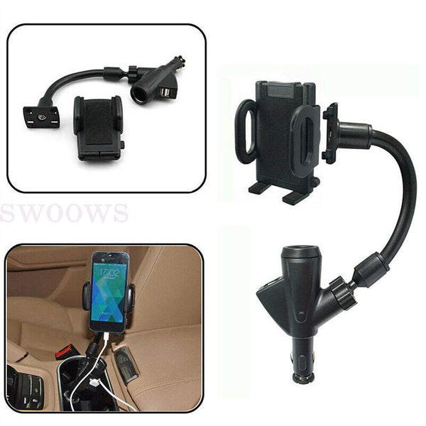 New Car Cigarette Lighter Socket Dual USB Charger Phone Mount Holder