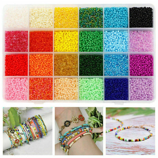 24000X Glass Seed Beads 24 Colors Loose Beads Kit DIY Making Bracelet Beads 2mm