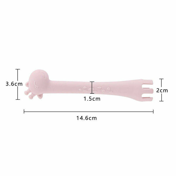 2 In 1 Safety Tableware Feeding Spoon Fork Giraffe Silicone Baby Spoon Cartoon