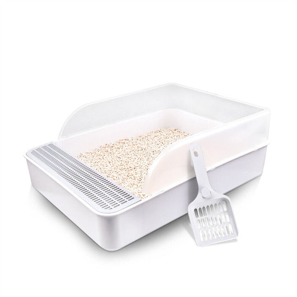 Open Cat Litter Tray Box Kitty Toilet Extra Large Entry And Splash Guard + Scoop