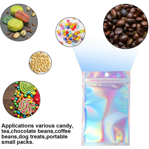 50-200 Food Storage Pouch Holographic Resealable Mylar Ziplock Aluminum Foil Bag