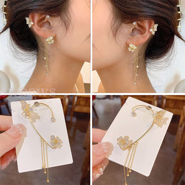 Zircon Butterfly Tassel Ear Cuff Clip Non Piercing Ear Clip Wrap Ladies Earrings