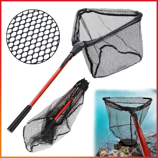 Fishing Landing Net Aluminum Alloy Red Portable Fish Mesh Foldable Pole Handle A