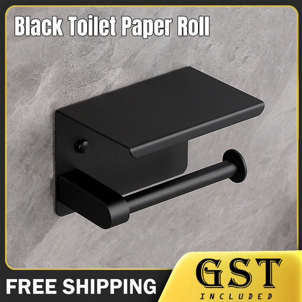 Stainless Steel Toilet Paper Roll Holder Storage Hooks Bathroom Washroom Black