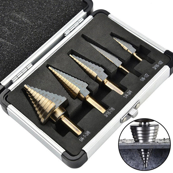 5PCS HSS Step Steel Cone Drill Hole Cutter Titanium Bits Set Kit + Aluminum Case