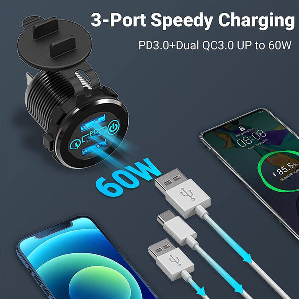 12V 24V Type-C PD+USB Car Charger Socket Adapter Power Outlet Dual USB ON / OFF