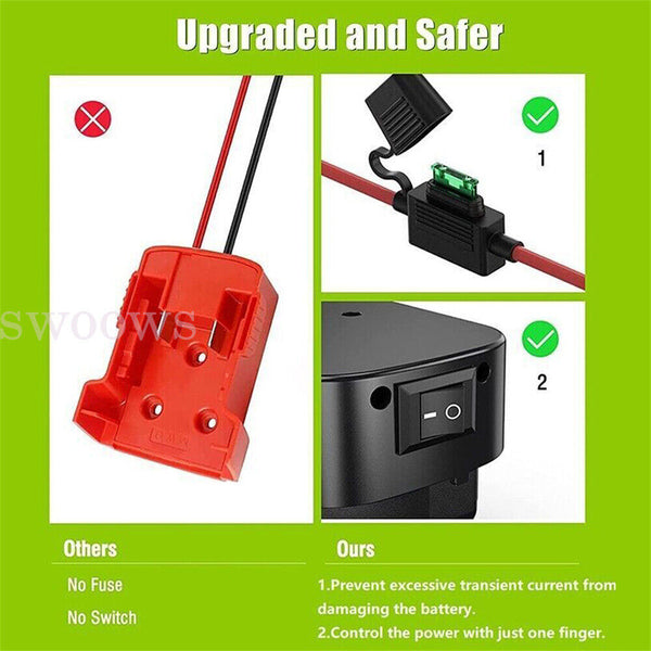 Battery Adapter Base With Fuse Built-in Switch For 18V To Dock Holder 12Awg