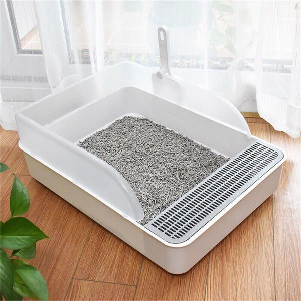 Open Cat Litter Tray Box Kitty Toilet Extra Large Entry And Splash Guard + Scoop