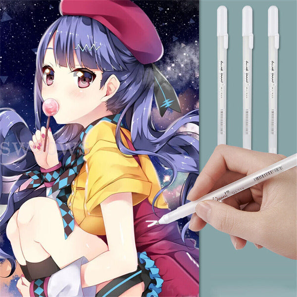 3Pcs White Gel Ink Marker Pen Drawing Art Fine Tip Sketching Painting Tool 0.8mm