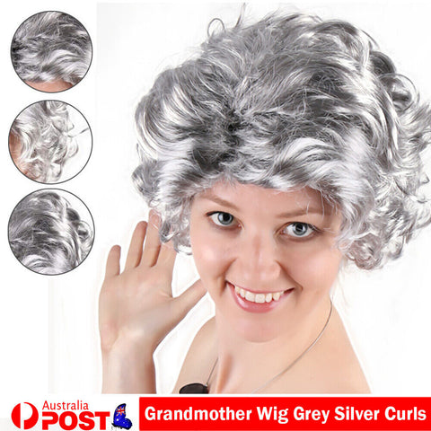 Grandmother Wig Grey Silver Curls Grandma Old Lady Woman Granny Costume Party