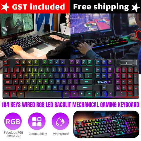 Wired USB Mechanical Gaming 104 Keys Keyboard RGB LED Backlit For Windows PC