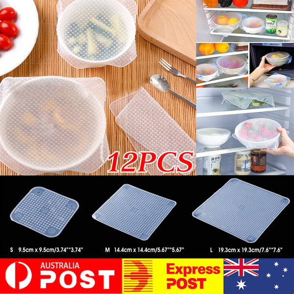 12X SilStretch Reusable Silicone Bowl Wraps Food Saver Cover Seal Lids