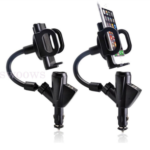 New Car Cigarette Lighter Socket Dual USB Charger Phone Mount Holder